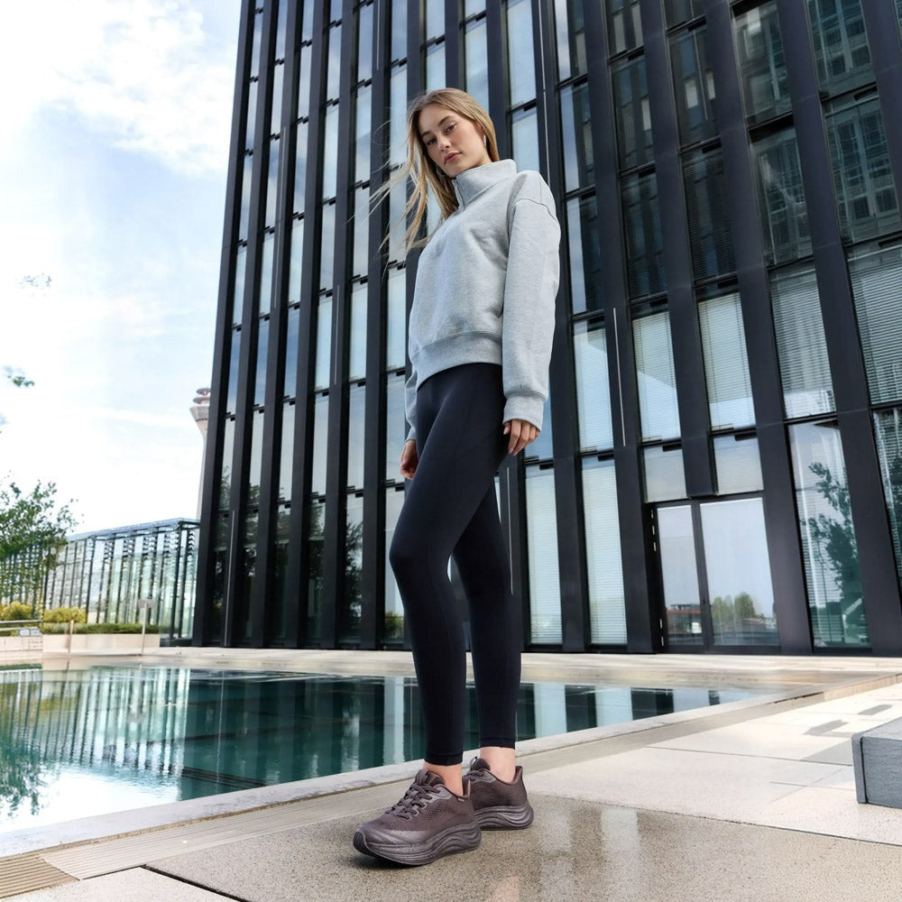 Women's Waterproof Hands-Free Trainers in chocolate brown – styled outfit