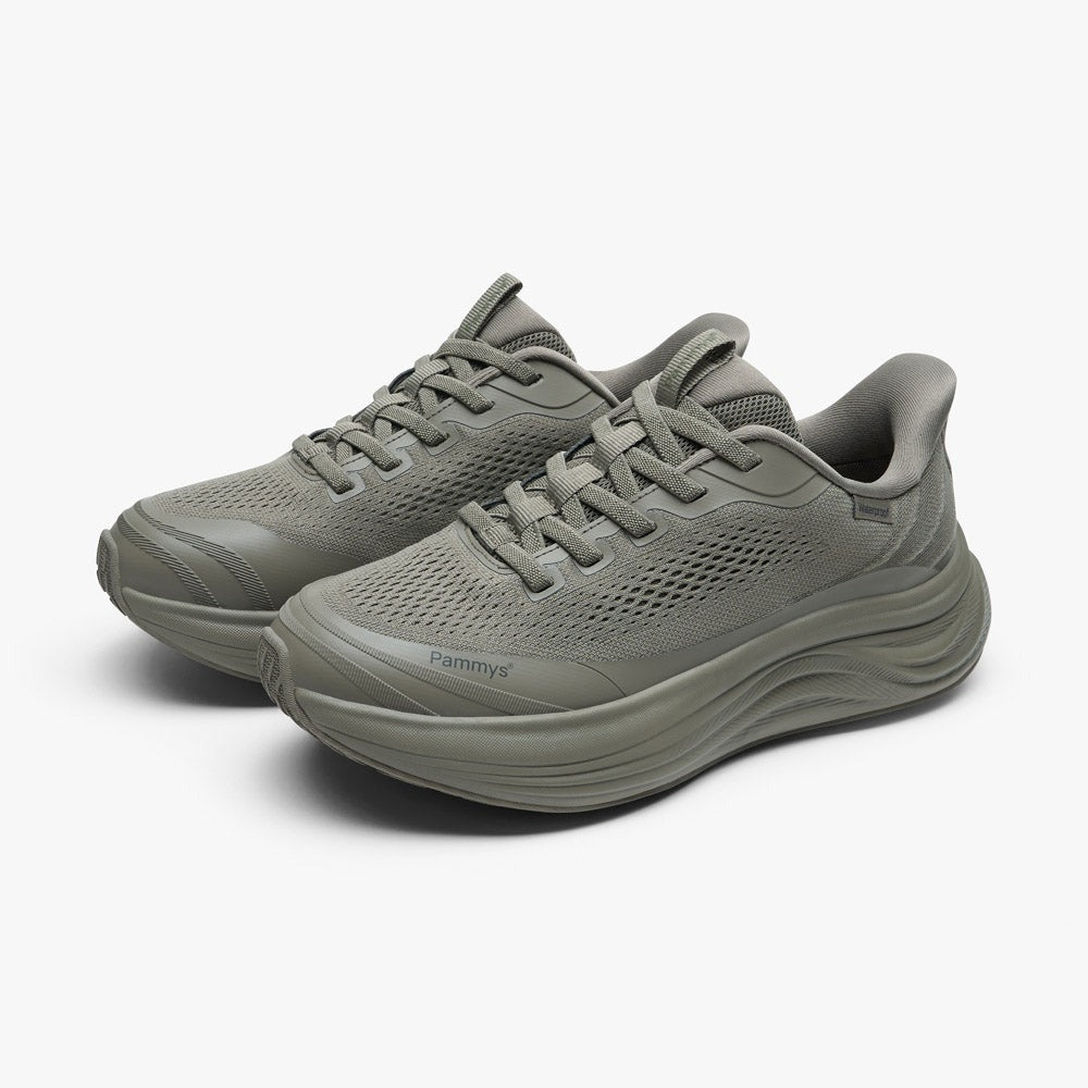 Women's Waterproof Hands-Free Trainers in khaki green – pair, front view