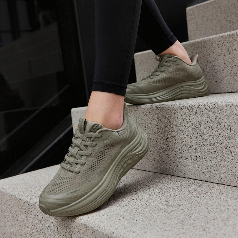 Women's Waterproof Hands-Free Trainers in khaki green – styled outfit
