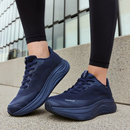Women's Waterproof Hands-Free Trainers in navy – on foot outdoors